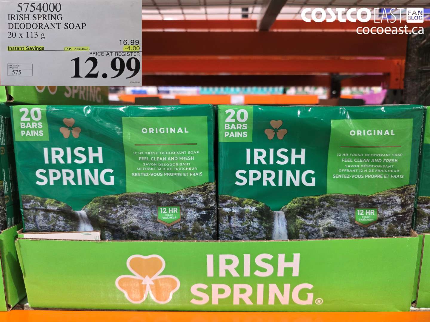 5754000 IRISH SPRING DEODORANT SOAP 20 X 113 G ($4.00 INSTANT SAVINGS EXPIRES ON 2026-04-12) $12.99