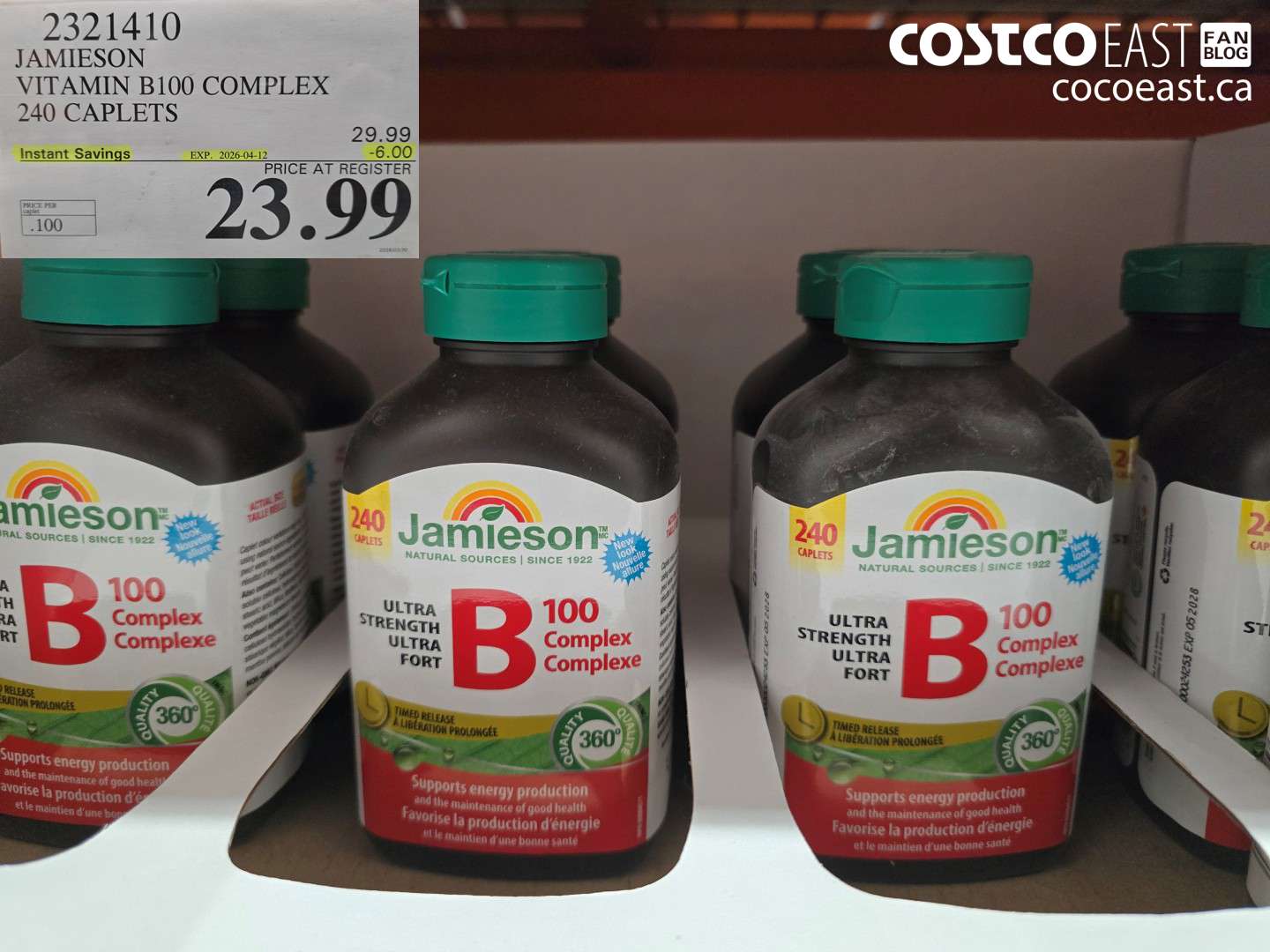 2321410 JAMIESON VITAMIN B100 COMPLEX 240 CAPLETS ($6.00 INSTANT SAVINGS EXPIRES ON 2026-04-12) $23.99