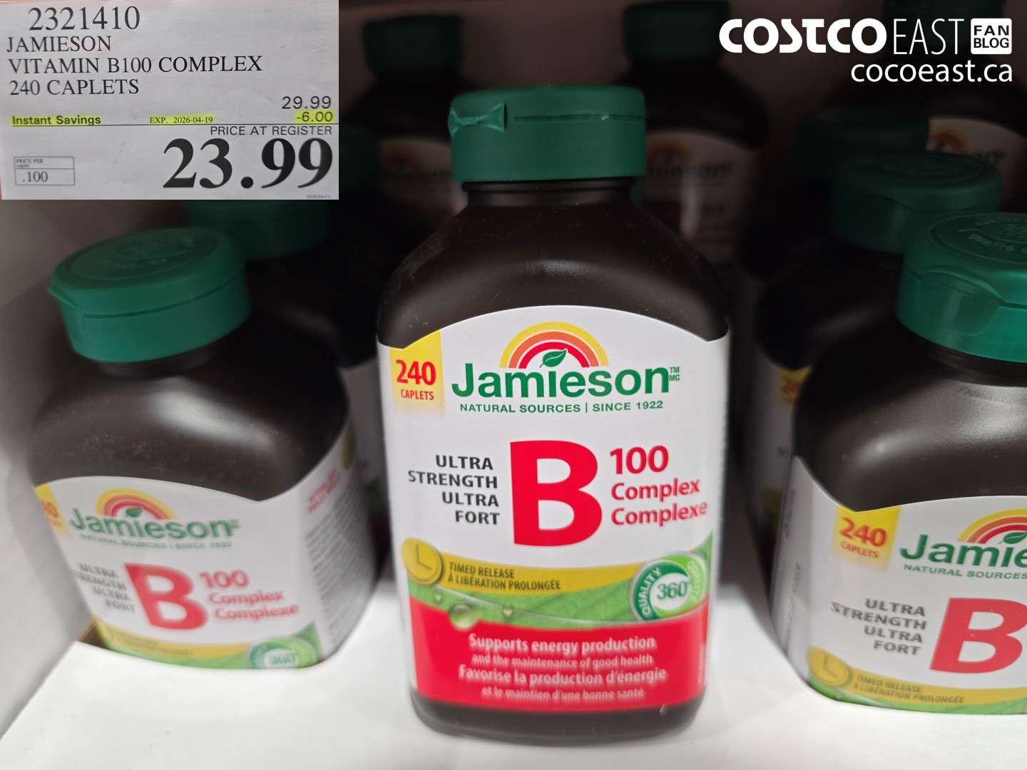 2321410 JAMIESON VITAMIN B100 COMPLEX 240 CAPLETS ($6.00 INSTANT SAVINGS EXPIRES ON 2026-04-19) $23.99
