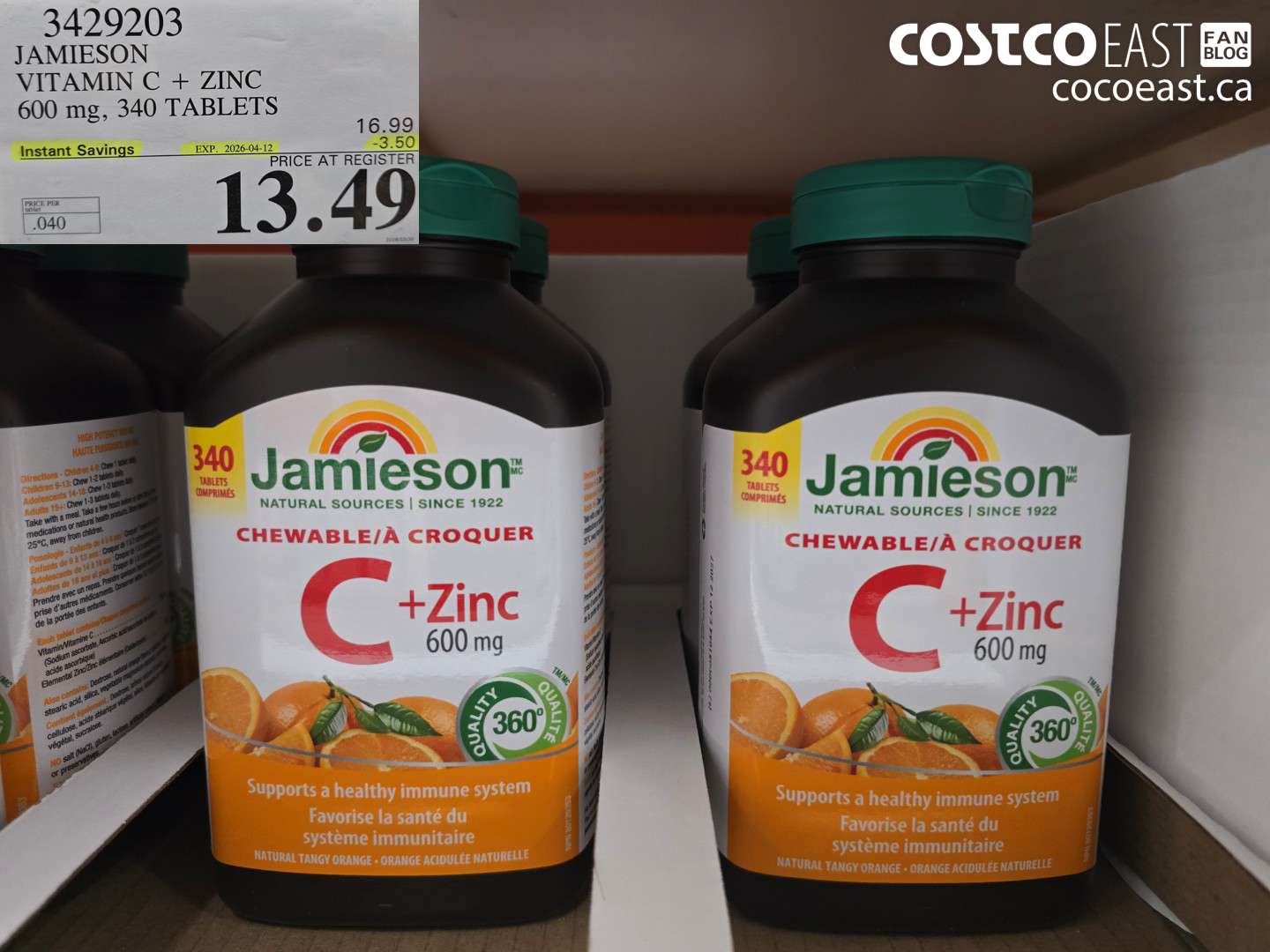 3429203 JAMIESON VITAMIN C + ZINC 600 MG, 340 TABLETS ($3.50 INSTANT SAVINGS EXPIRES ON 2026-04-12) $13.49