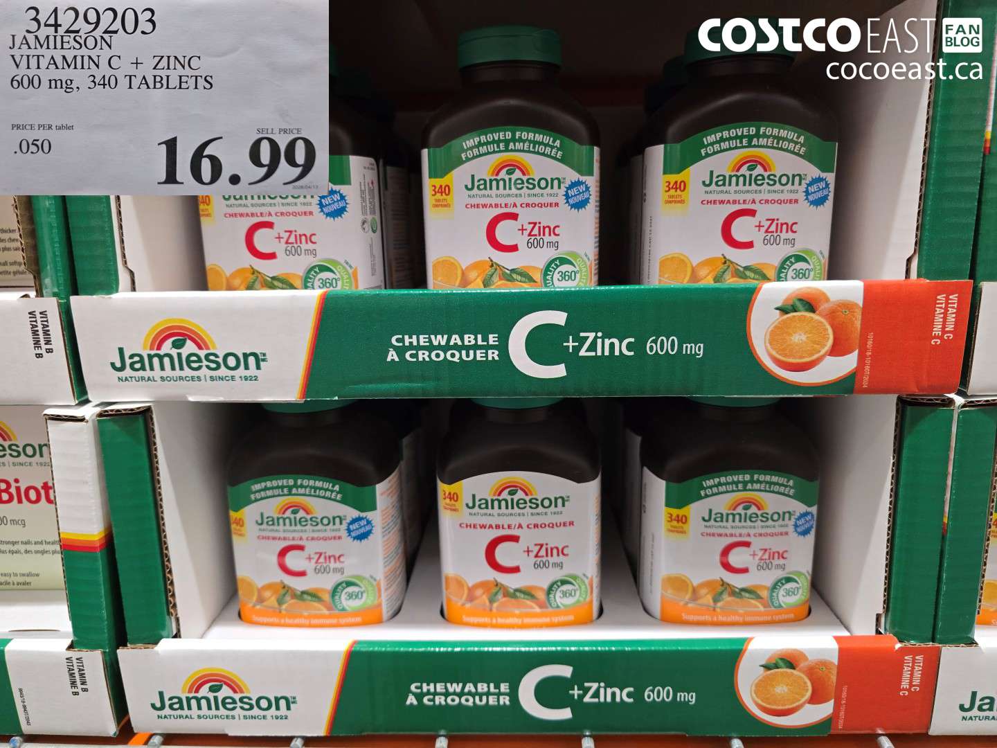 3429203 JAMIESON VITAMIN C + ZINC 600 MG, 340 TABLETS $16.99