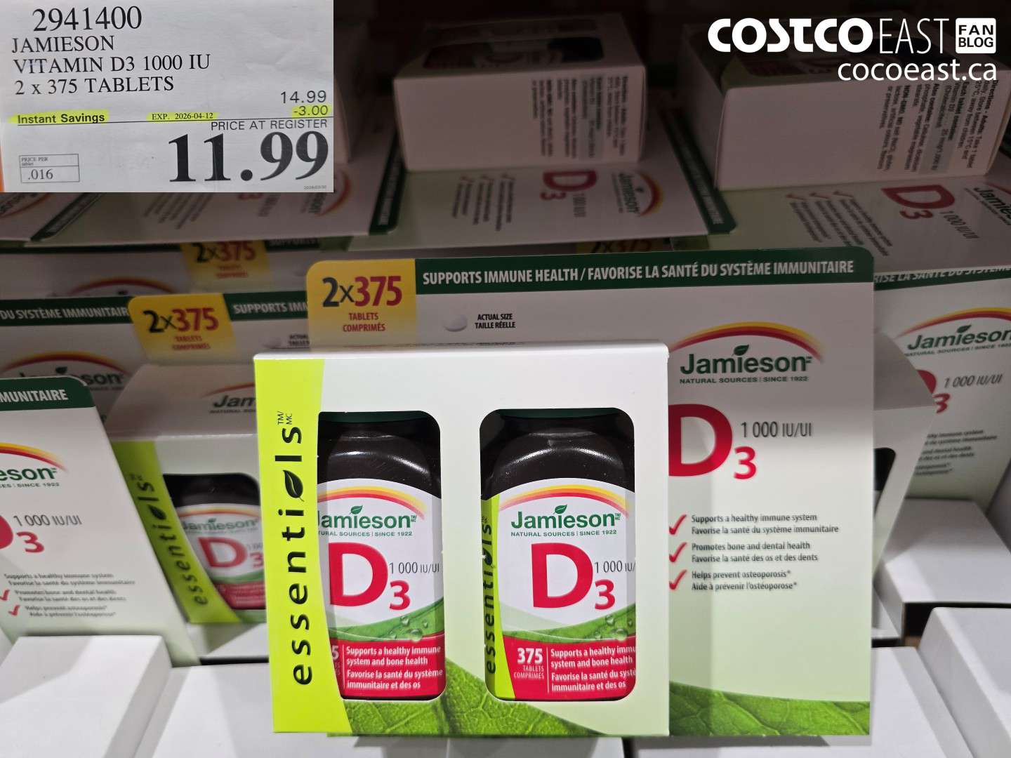 2941400 JAMIESON VITAMIN D3 1000 IU 2 X 375 TABLETS ($3.00 INSTANT SAVINGS EXPIRES ON 2026-04-12) $11.99