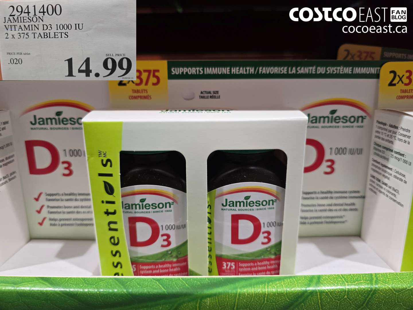 2941400 JAMIESON VITAMIN D3 1000 IU 2 X 375 TABLETS $14.99