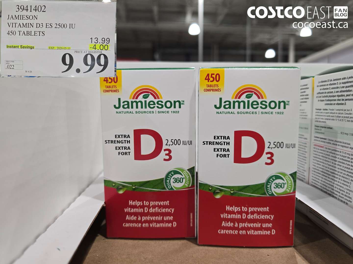 3941402 JAMIESON VITAMIN D3 ES 2500 IU 450 TABLETS ($4.00 INSTANT SAVINGS EXPIRES ON 2026-05-10) $9.99