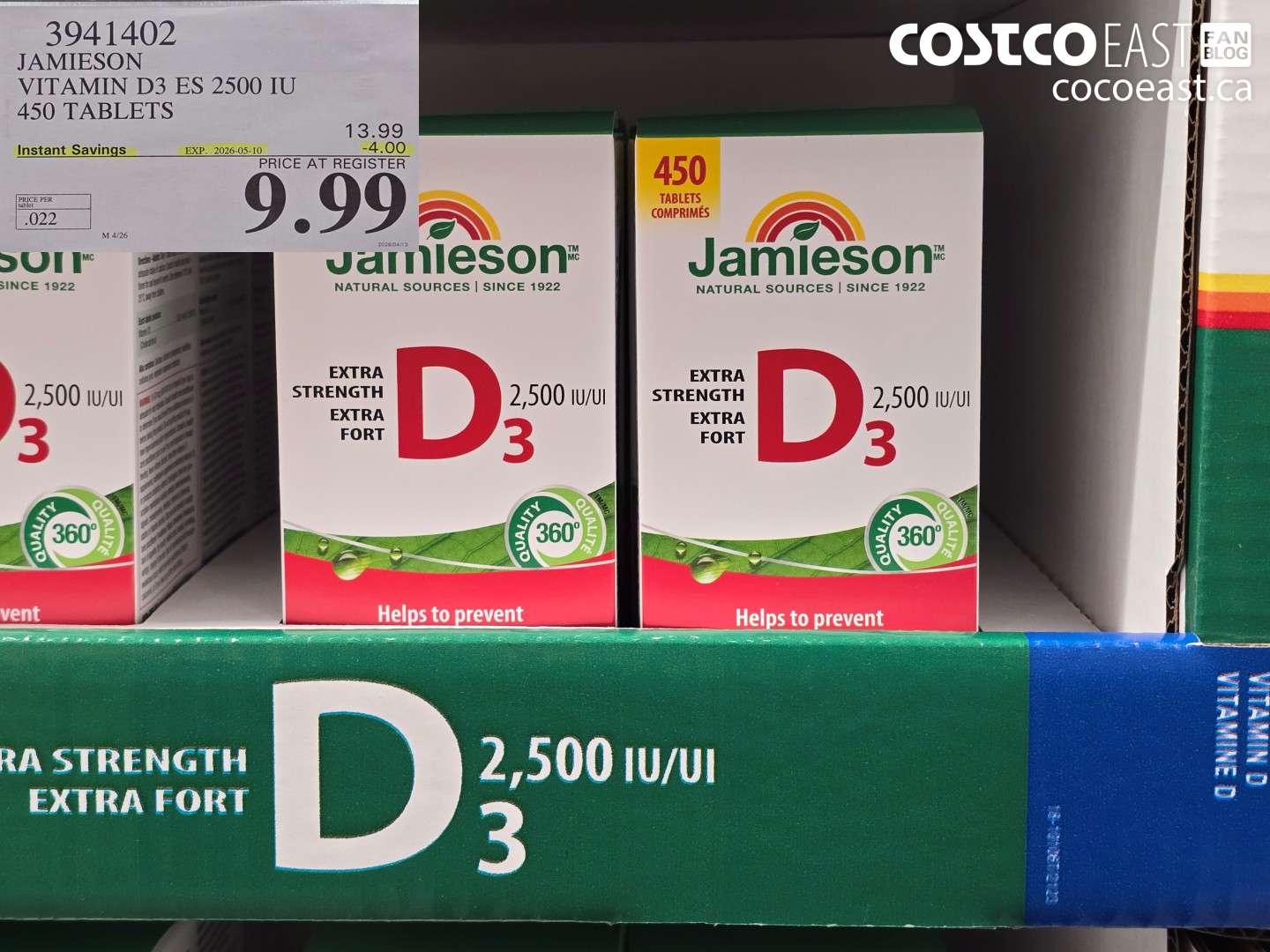 3941402 JAMIESON VITAMIN D3 ES 2500 IU 450 TABLETS ($4.00 INSTANT SAVINGS EXPIRES ON 2026-05-10) $9.99