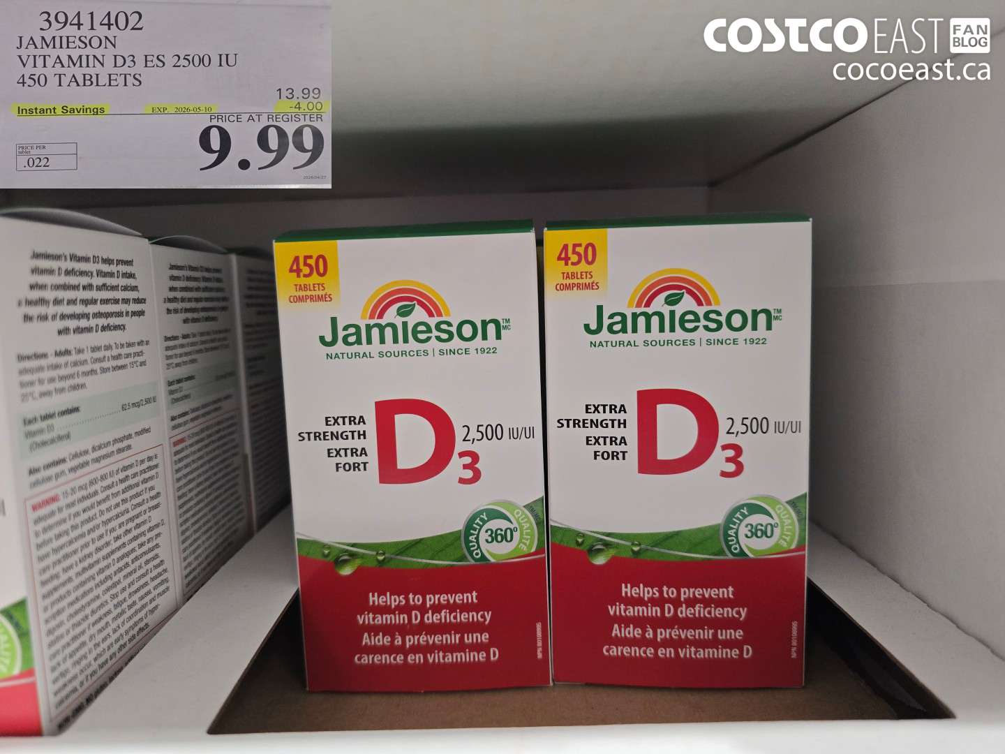 3941402 JAMIESON VITAMIN D3 ES 2500 IU 450 TABLETS ($4.00 INSTANT SAVINGS EXPIRES ON 2026-05-10) $9.99