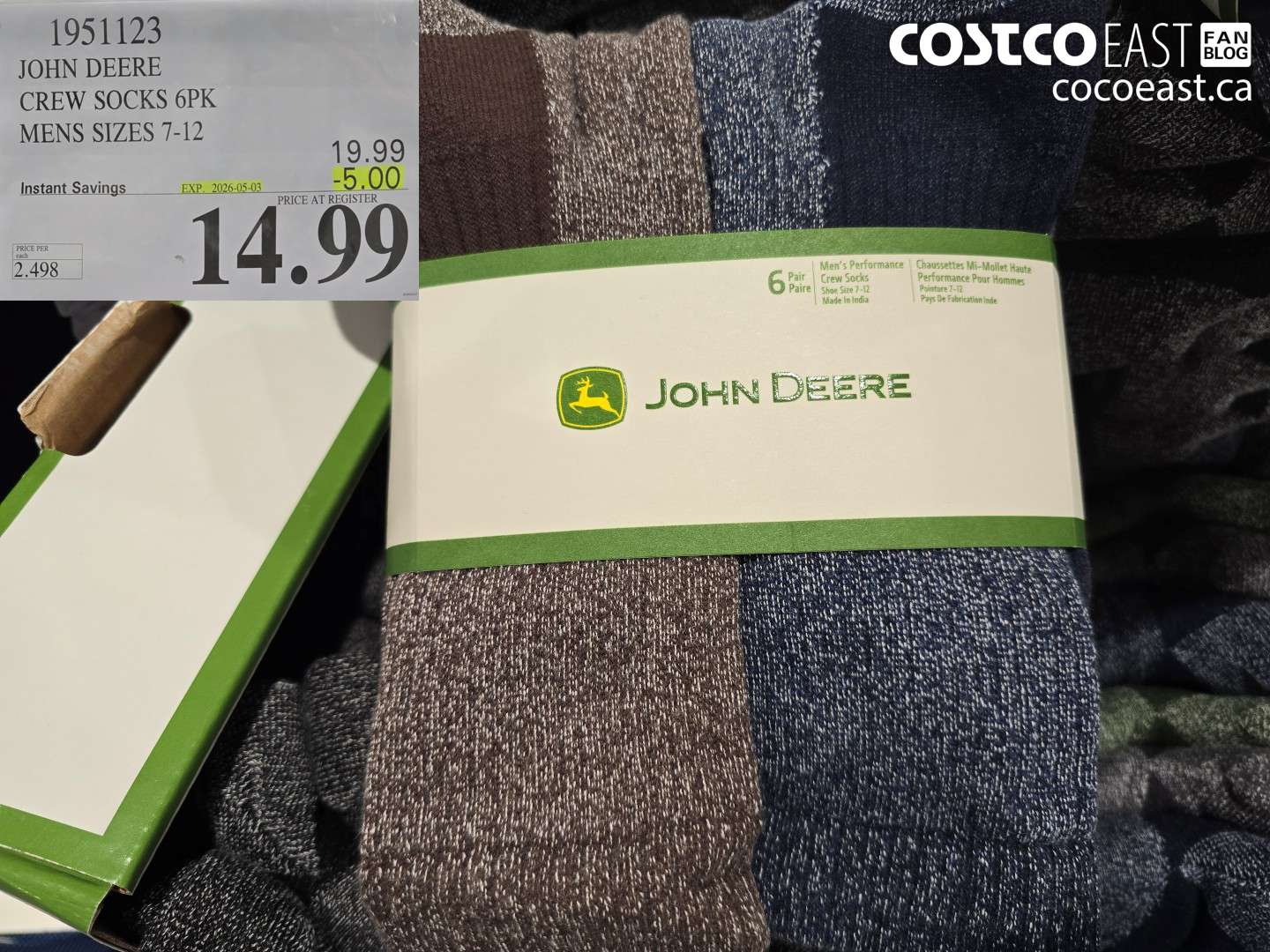 1951123 JOHN DEERE CREW SOCKS 6PK MENS SIZES 7-12 ($5.00 INSTANT SAVINGS EXPIRES ON 2026-05-03) $14.99