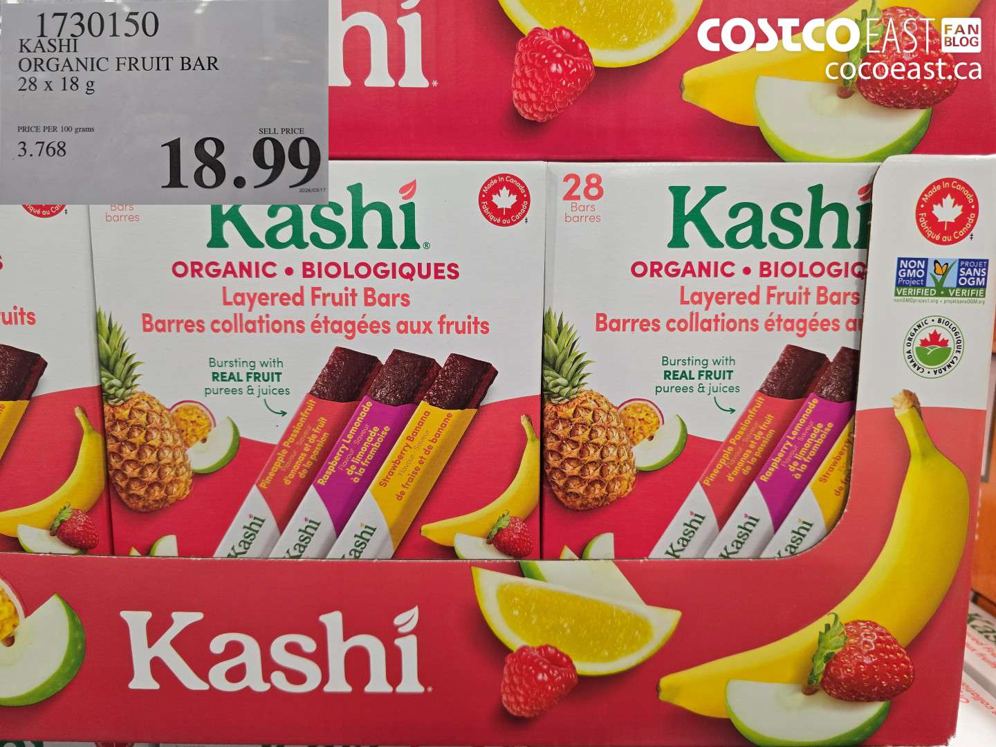 1730150 KASHI ORGANIC FRUIT BAR 28 X 18 G $18.99