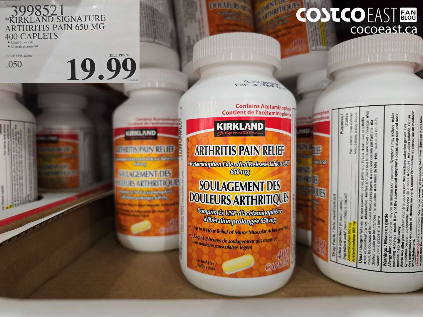 3998521 KIRKLAND SIGNATURE ARTHRITIS PAIN 650 MG 400 CAPLETS $19.99