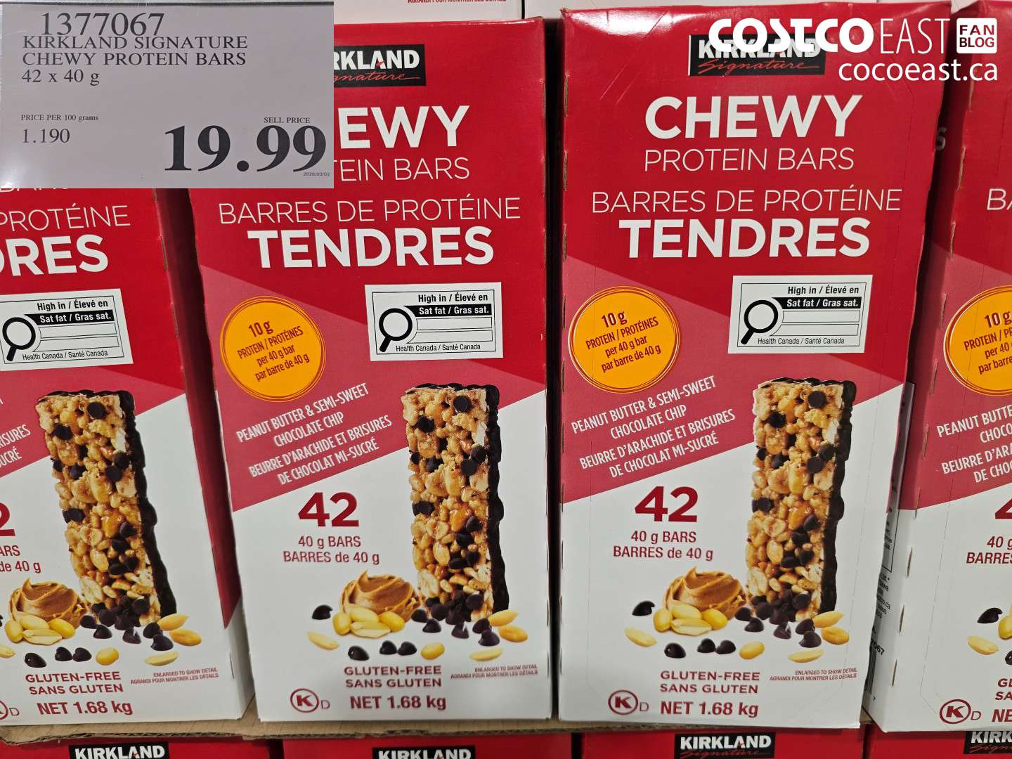 1377067 KIRKLAND SIGNATURE CHEWY PROTEIN BARS 42 X 40 G $19.99
