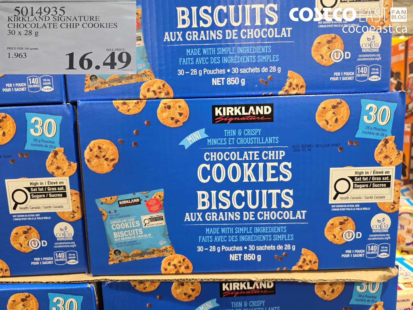 5014935 KIRKLAND SIGNATURE CHOCOLATE CHIP COOKIES 30 X 28 G $16.49