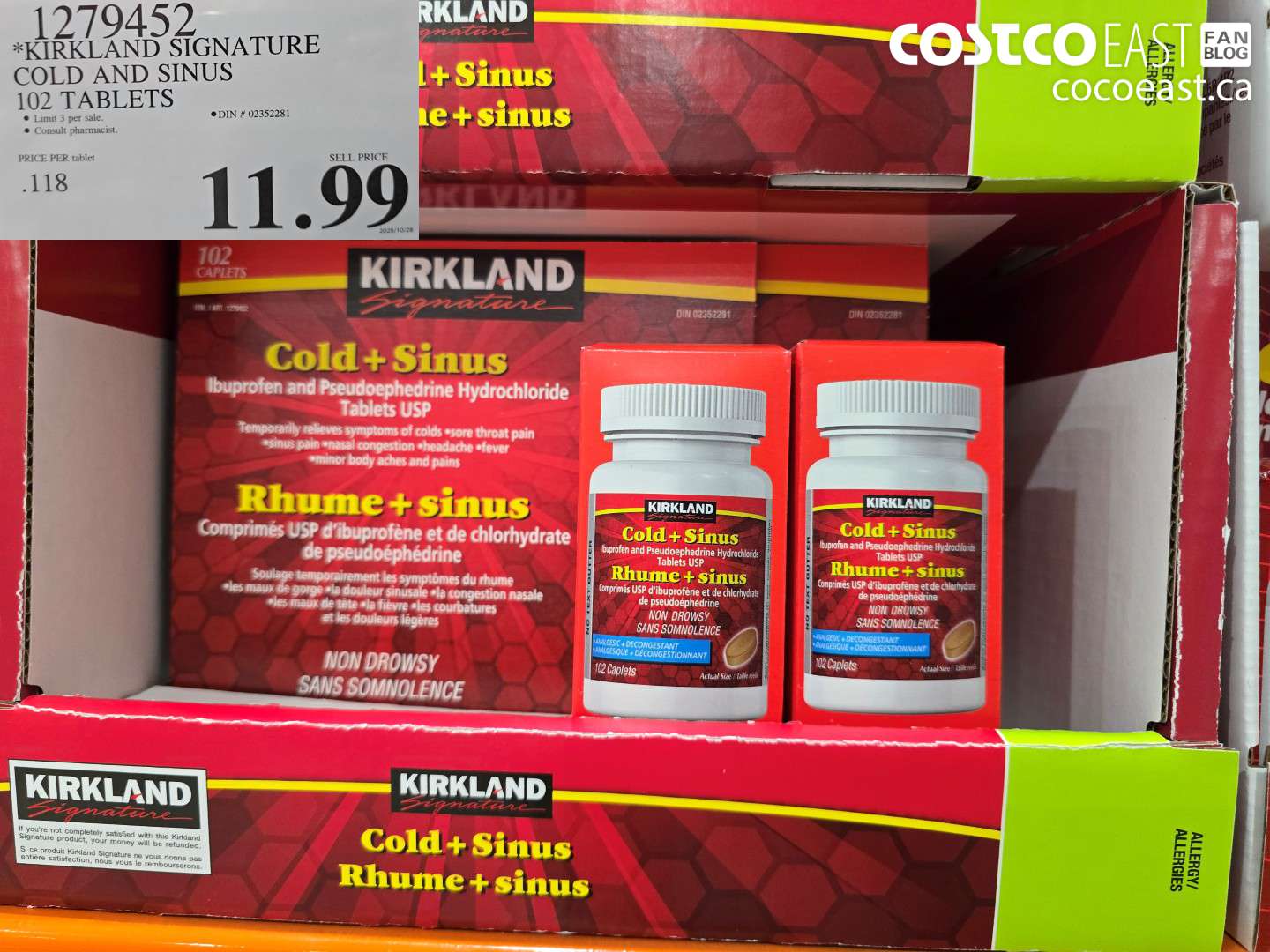 1279452 KIRKLAND SIGNATURE COLD AND SINUS 102 TABLETS $11.99