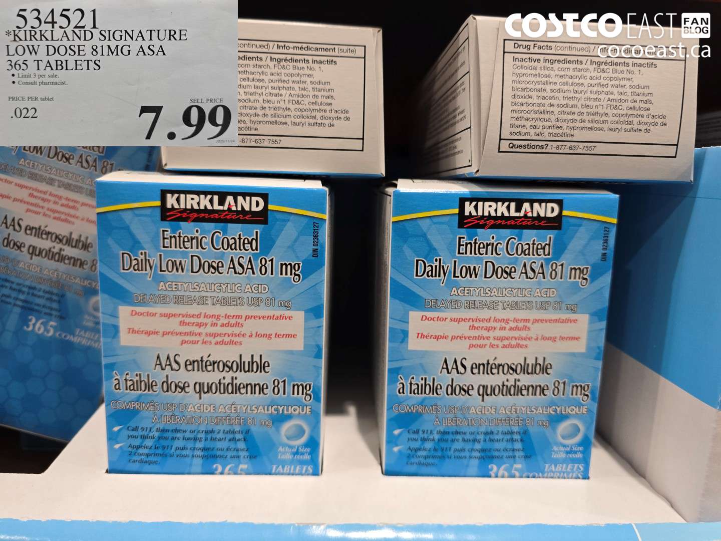 534521 KIRKLAND SIGNATURE LOW DOSE 81MG ASA 365 TABLETS $7.99