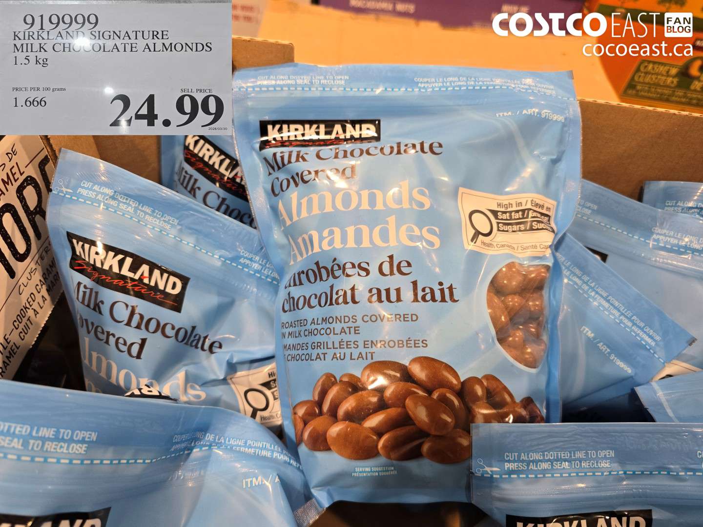 919999 KIRKLAND SIGNATURE MILK CHOCOLATE ALMONDS 1.5 KG $24.99