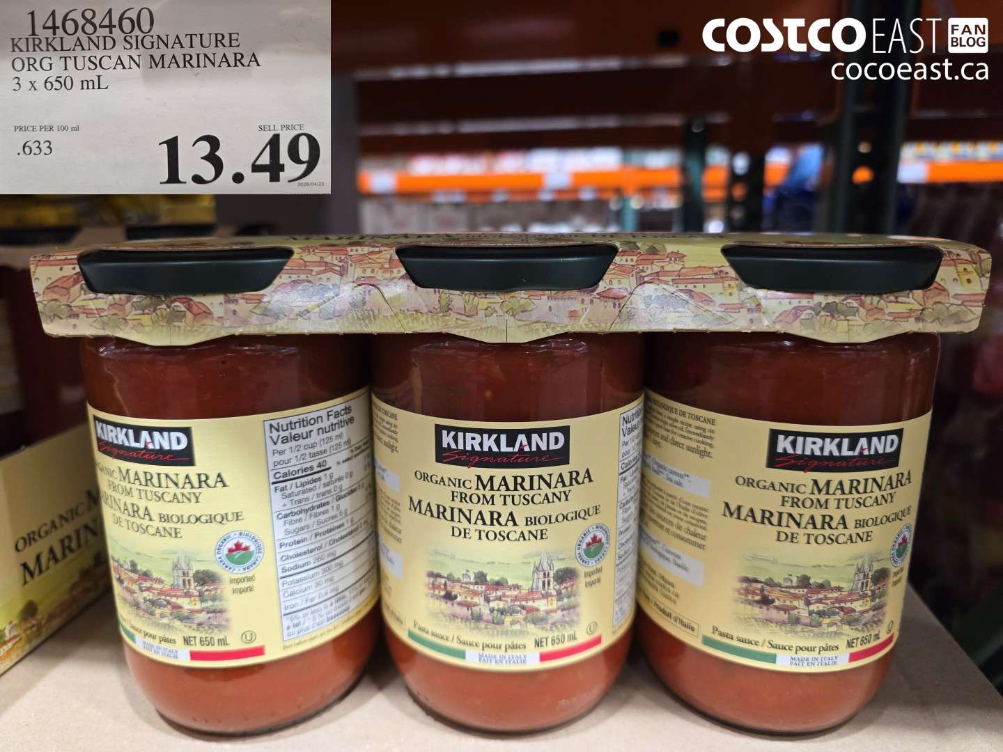 1468460 KIRKLAND SIGNATURE ORG TUSCAN MARINARA 3 X 650 ML $13.49
