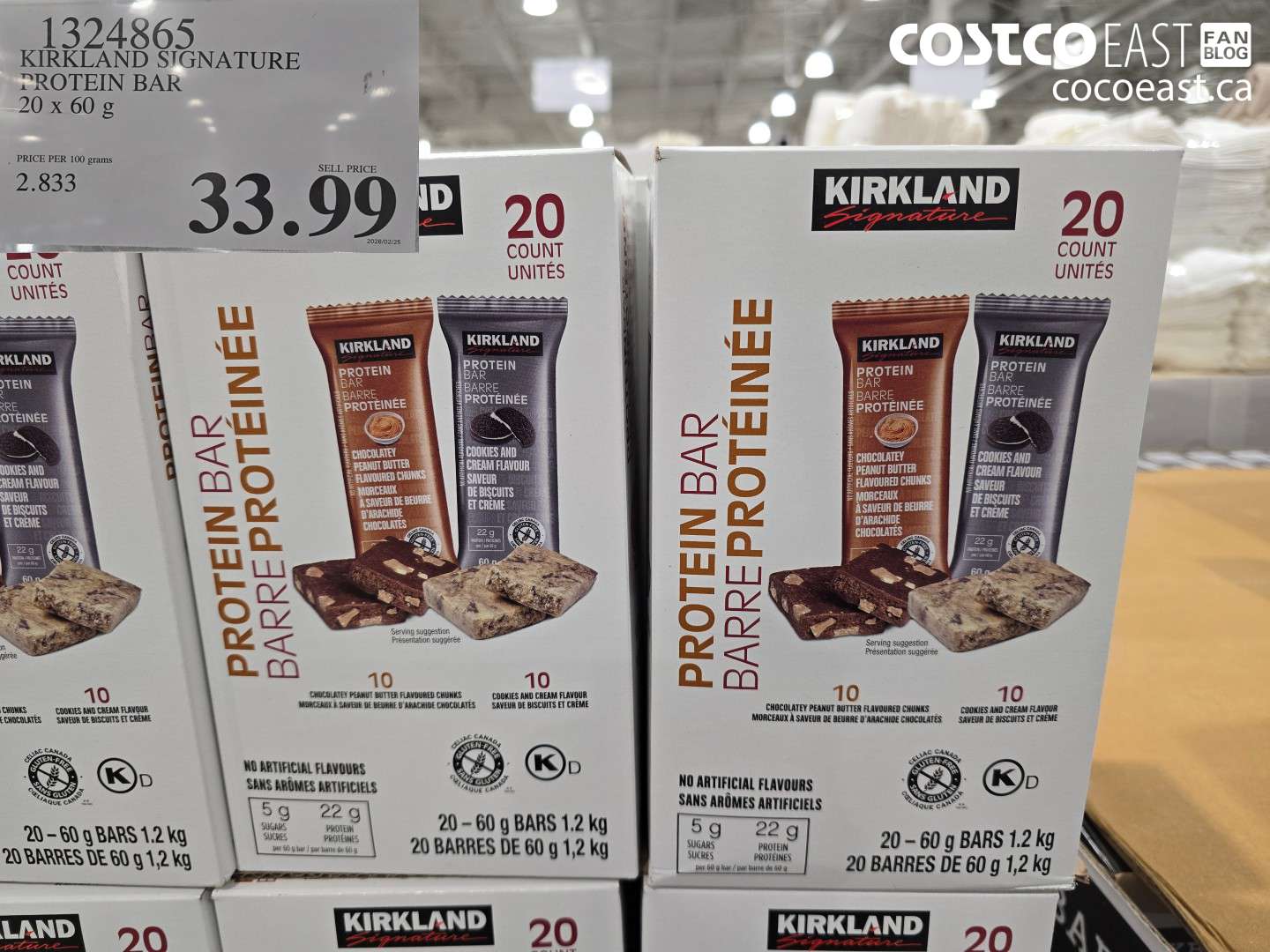 1324865 KIRKLAND SIGNATURE PROTEIN BAR 20 X 60 G $33.99