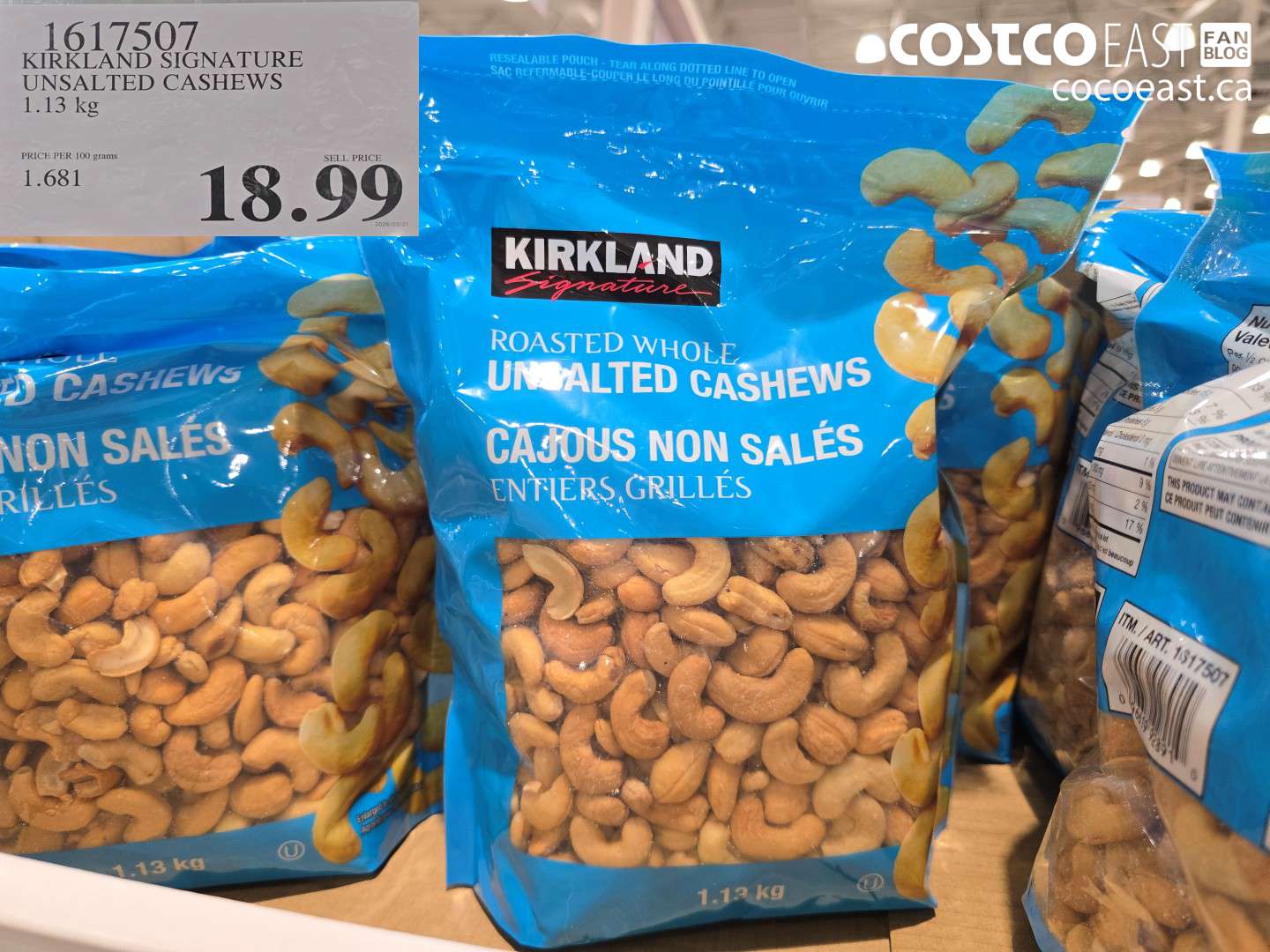 1617507 KIRKLAND SIGNATURE UNSALTED CASHEWS 1.13 KG $18.99