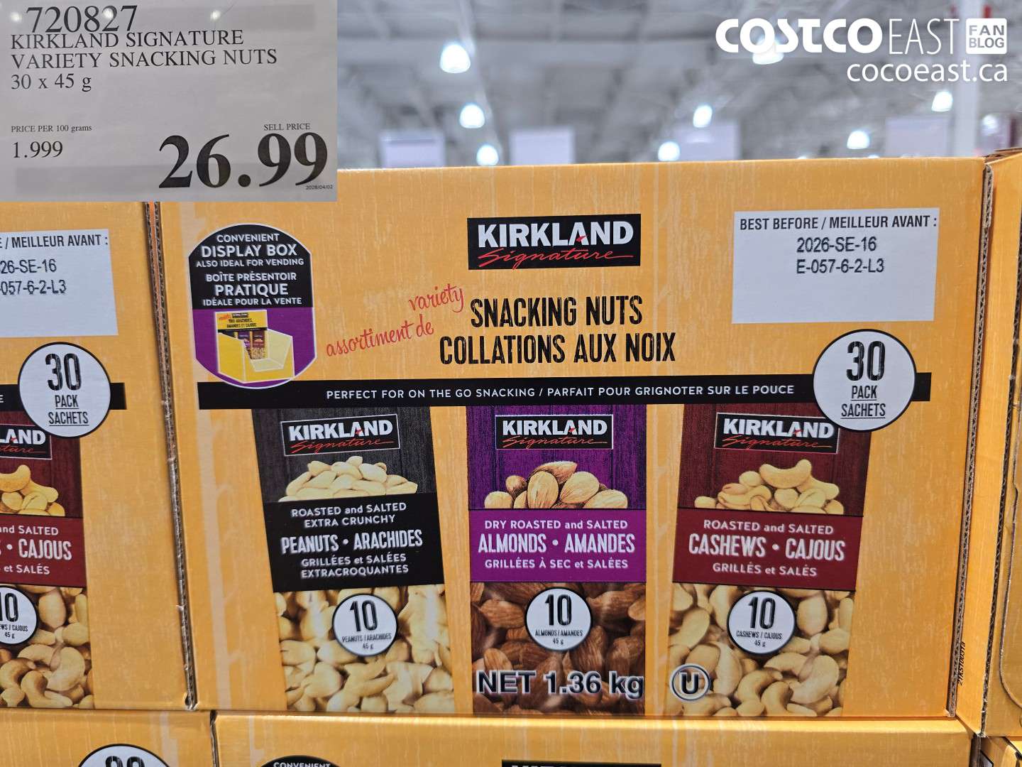 720827 KIRKLAND SIGNATURE VARIETY SNACKING NUTS 30 X 45 G $26.99