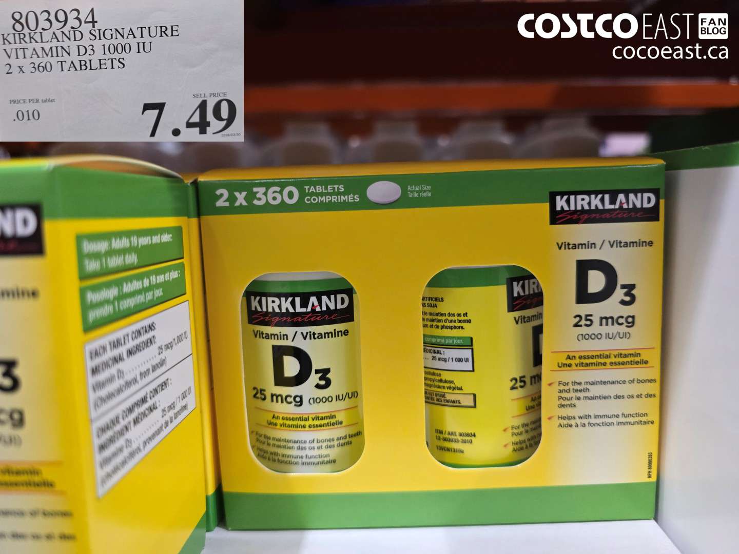 803934 KIRKLAND SIGNATURE VITAMIN D3 1000 IU 2 X 360 TABLETS $7.49