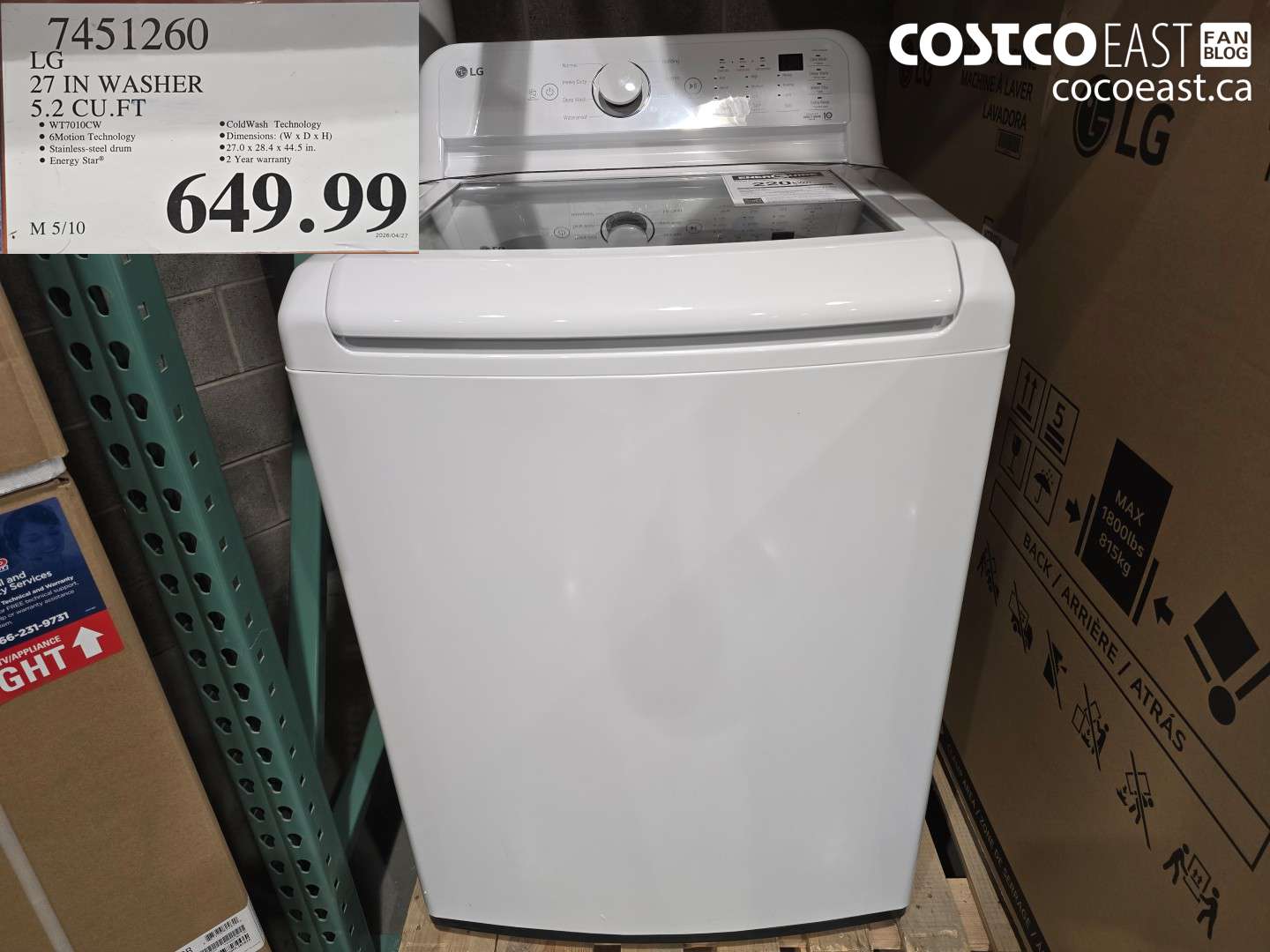 7451260 LG 27 IN WASHER 5.2 CU.FT $649.99