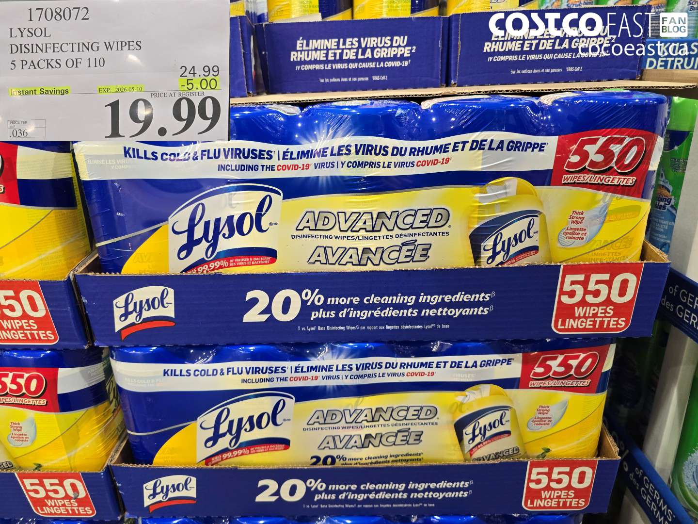 1708072 LYSOL DISINFECTING WIPES 5 PACKS OF 110 ($5.00 INSTANT SAVINGS EXPIRES ON 2026-05-10) $19.99
