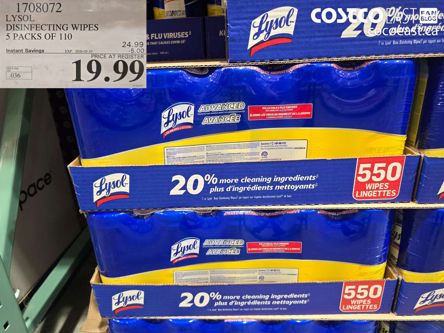 1708072 LYSOL DISINFECTING WIPES 5 PACKS OF 110 ($5.00 INSTANT SAVINGS EXPIRES ON 2026-05-10) $24.99