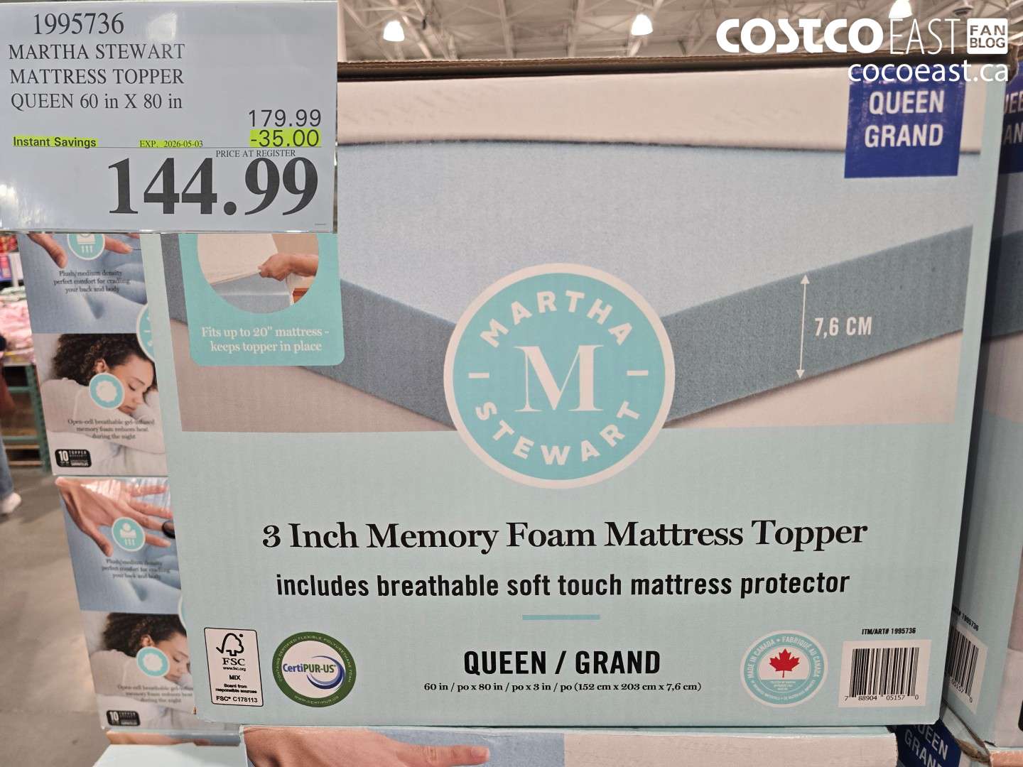 1995736 MARTHA STEWART MATTRESS TOPPER QUEEN 60 IN X 80 IN ($35.00 INSTANT SAVINGS EXPIRES ON 2026-05-03) $144.99