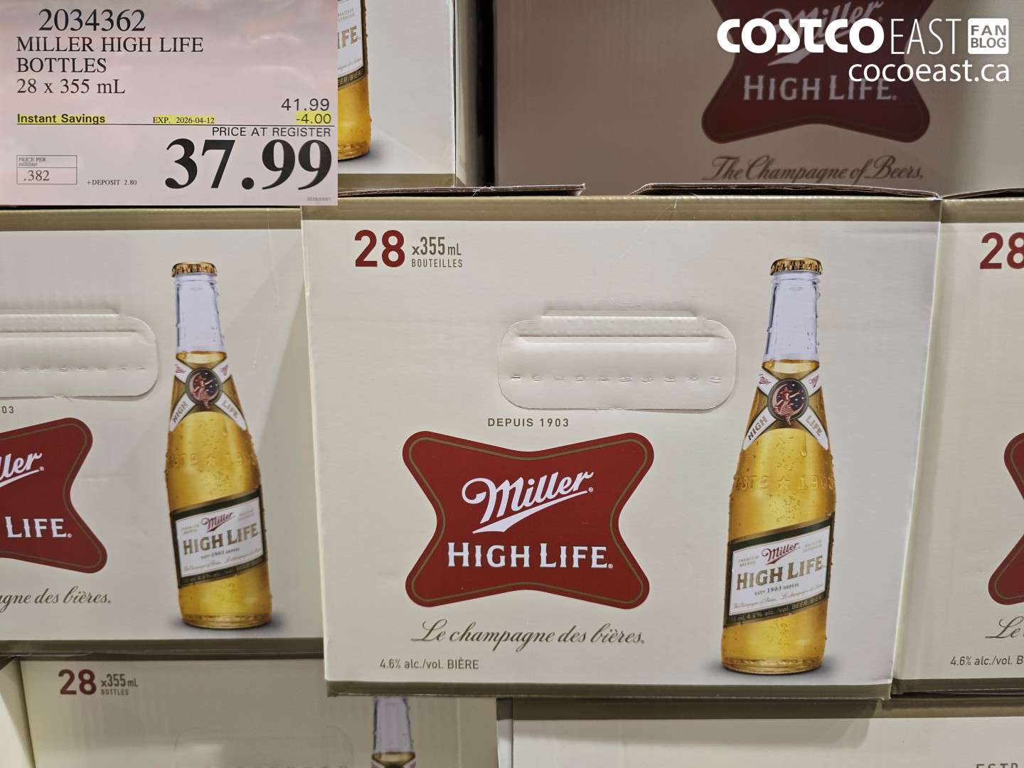 2034362 MILLER HIGH LIFE BOTTLES 28 X 355 ML ($4.00 INSTANT SAVINGS EXPIRES ON 2026-04-12) $37.99