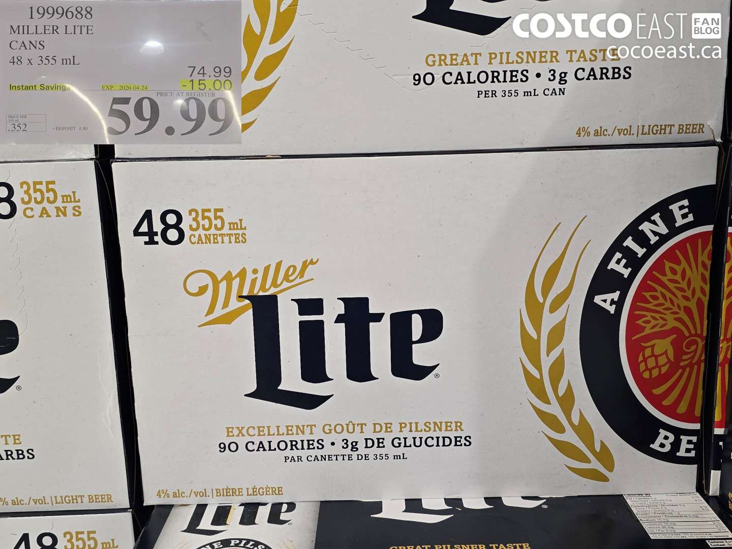 1999688 MILLER LITE CANS 48 X 355 ML ($15.00 INSTANT SAVINGS EXPIRES ON 2026-04-24) $59.99