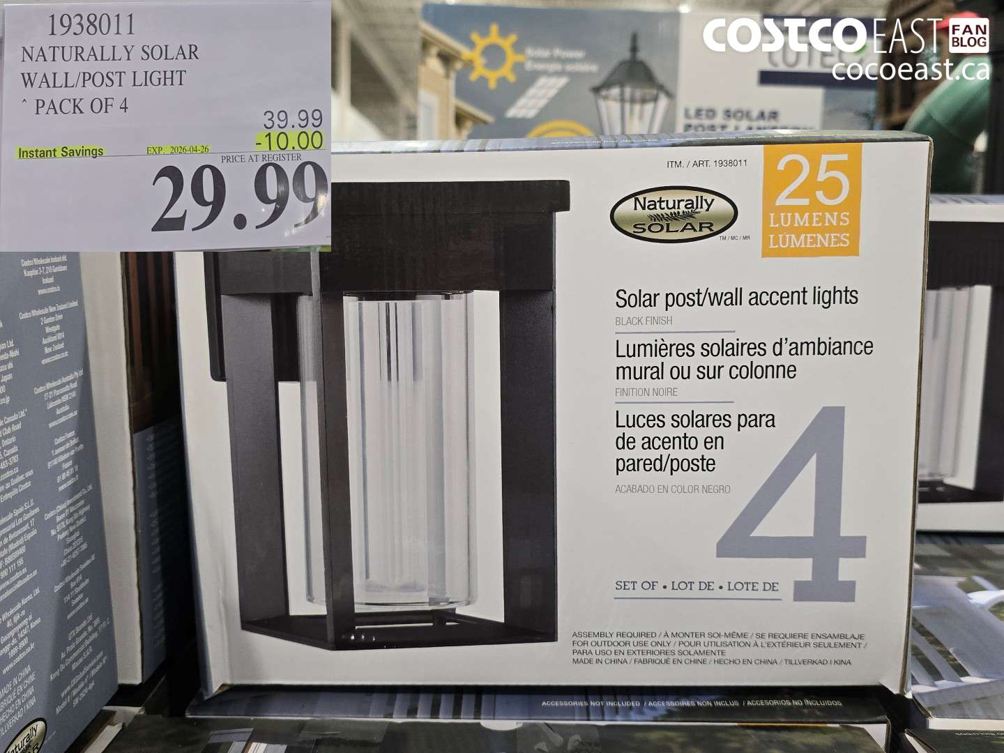 1938011 NATURALLY SOLAR WALL/POST LIGHT PACK OF 4 ($10.00 INSTANT SAVINGS EXPIRES ON 2026-04-26) $29.99