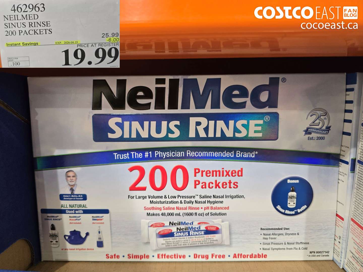 462963 NEILMED SINUS RINSE 200 PACKETS ($6.00 INSTANT SAVINGS EXPIRES ON 2026-04-19) $19.99