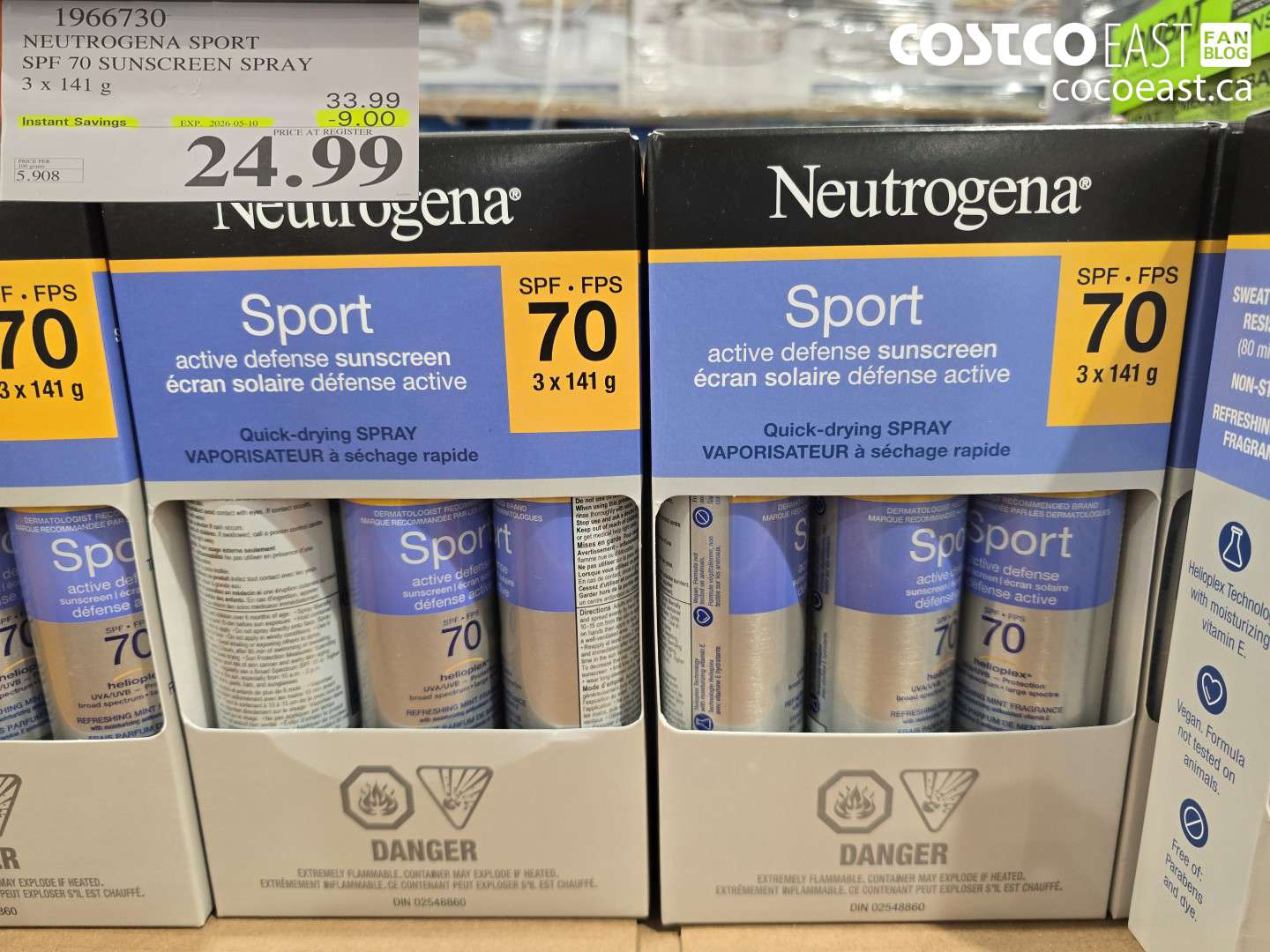 1966730 NEUTROGENA SPORT SPF 70 SUNSCREEN SPRAY 3 X 141 G ($9.00 INSTANT SAVINGS EXPIRES ON 2026-05-10) $24.99