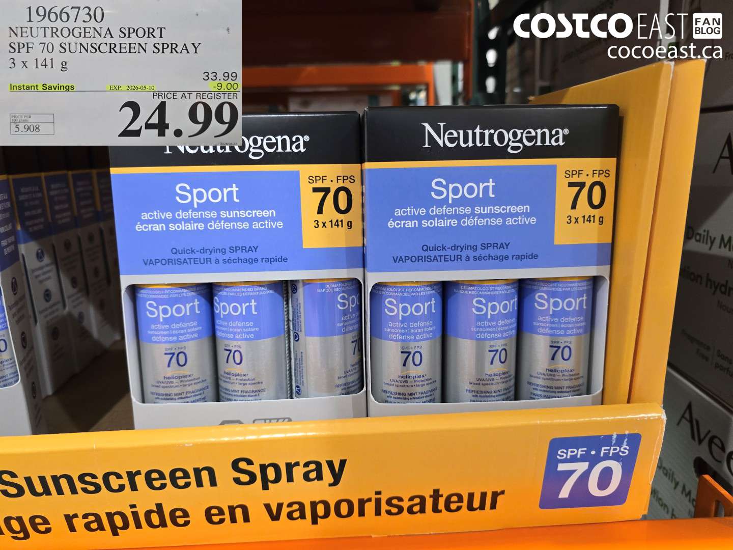 196630 NEUTROGENA SPORT SPF 70 SUNSCREEN SPRAY 3 X 141 G ($9.00 INSTANT SAVINGS EXPIRES ON 2026-05-10) $24.99