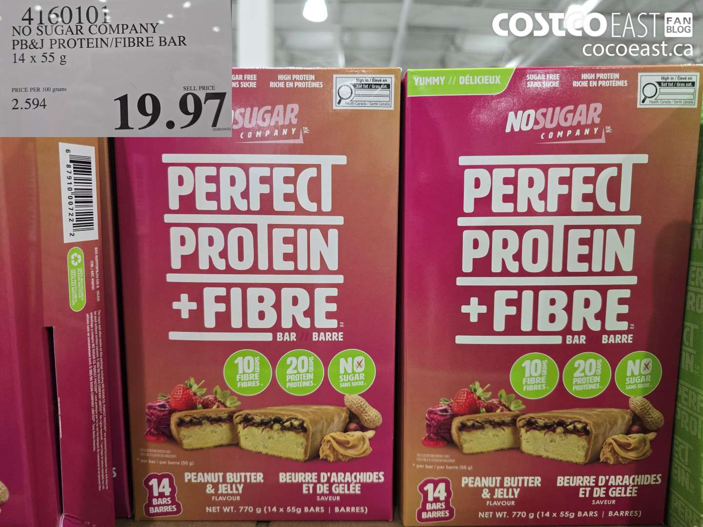 4160101 NO SUGAR COMPANY PB&J PROTEIN/FIBRE BAR 14 X 55 G $19.97