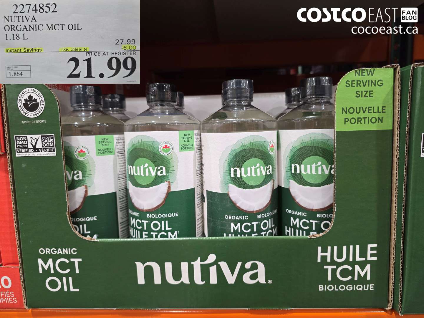 2274852 NUTIVA ORGANIC MCT OIL 1.18 L ($6.00 INSTANT SAVINGS EXPIRES ON 2026-04-26) $21.99