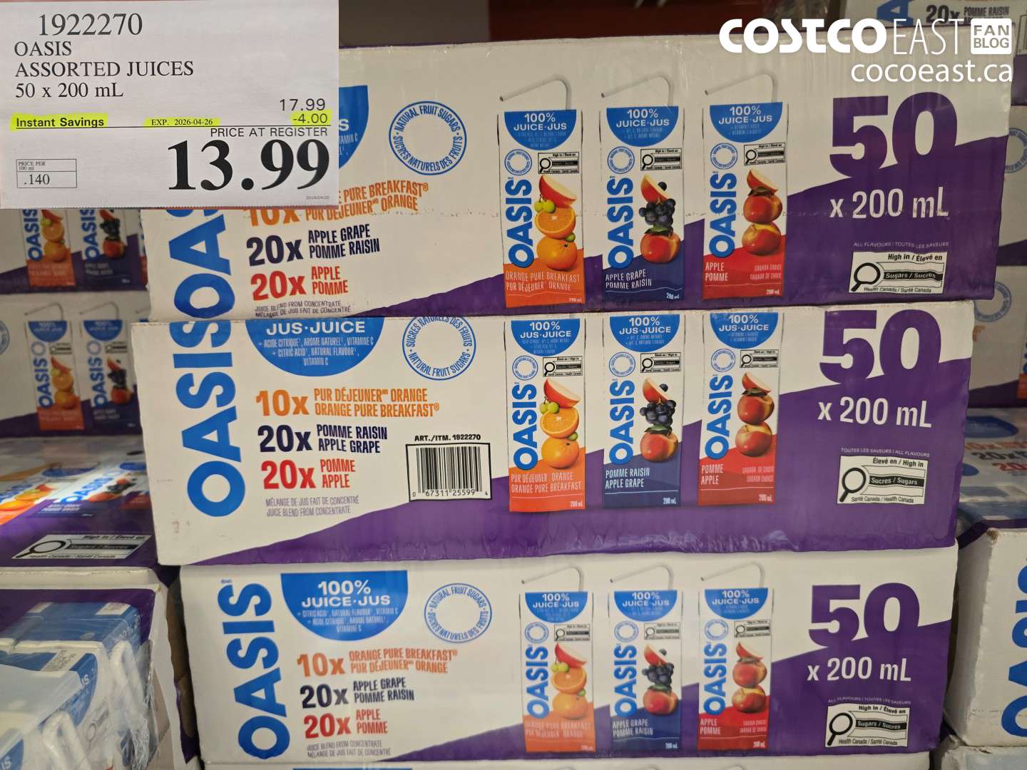 1922270 OASIS ASSORTED JUICES 50 X 200 ML ($4.00 INSTANT SAVINGS EXPIRES ON 2026-04-26) $13.99