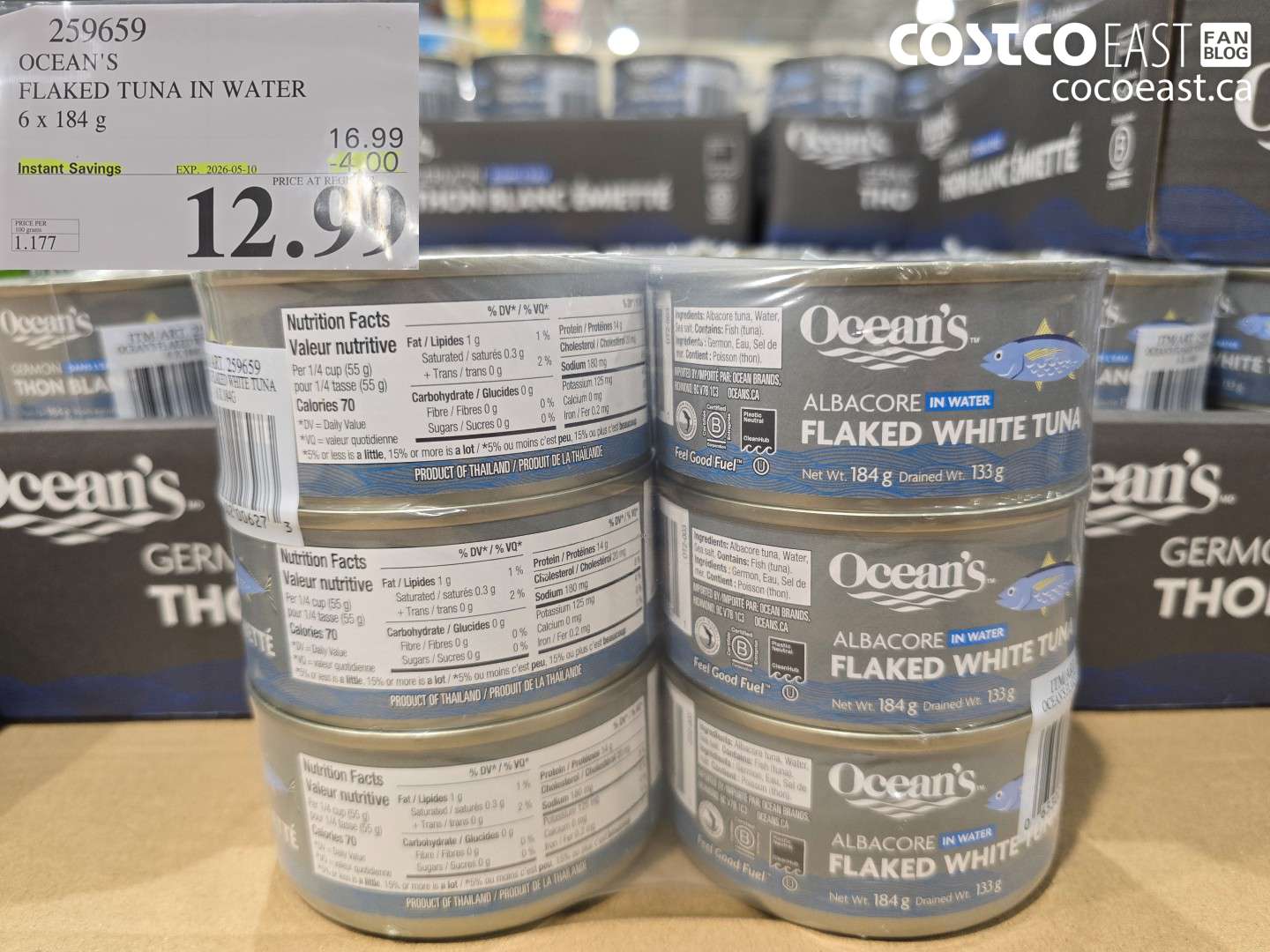 259659 OCEAN'S FLAKED TUNA IN WATER 6 X 184 G ($4.00 INSTANT SAVINGS EXPIRES ON 2026-05-10) $12.99