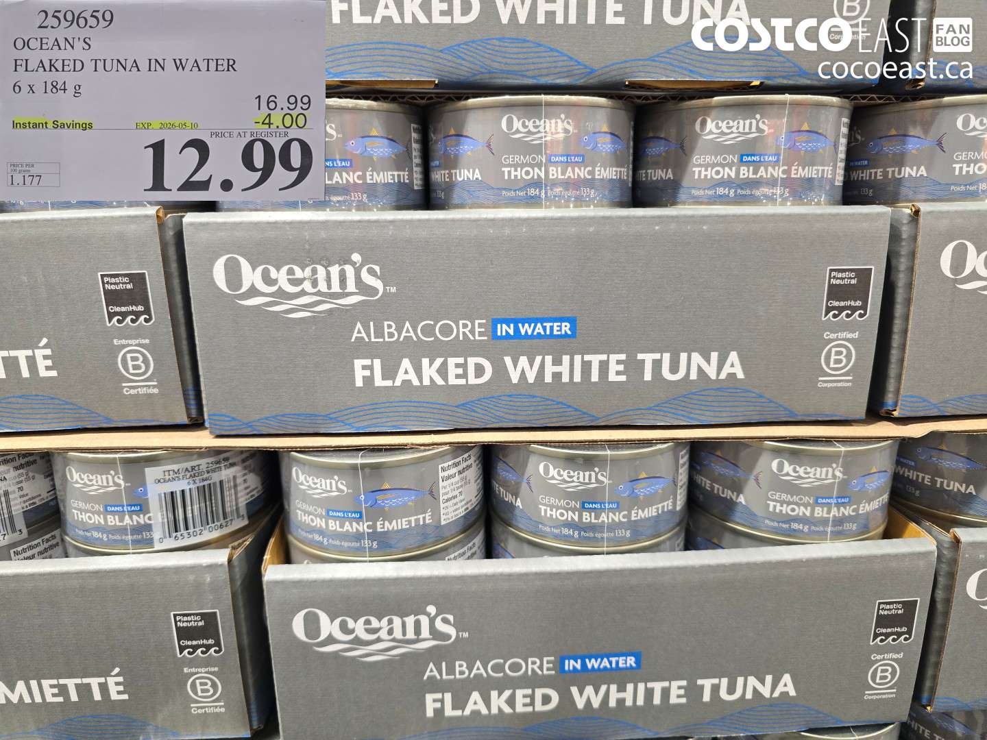 259659 OCEAN'S FLAKED TUNA IN WATER 6 X 184 G ($4.00 INSTANT SAVINGS EXPIRES ON 2026-05-10) $12.99