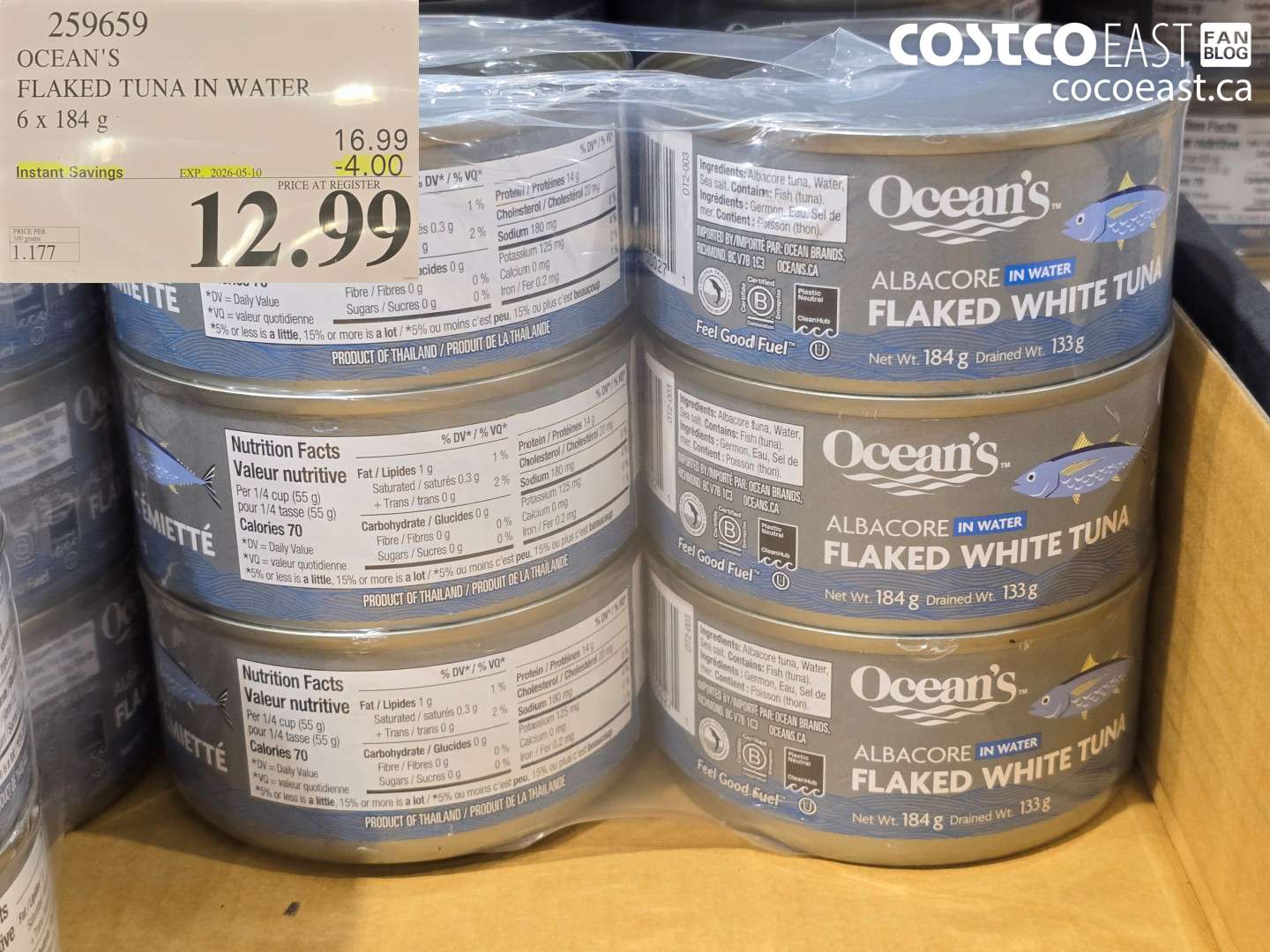 259659 OCEAN'S FLAKED TUNA IN WATER 6 X 184 G ($4.00 INSTANT SAVINGS EXPIRES ON 2026-05-10) $12.99
