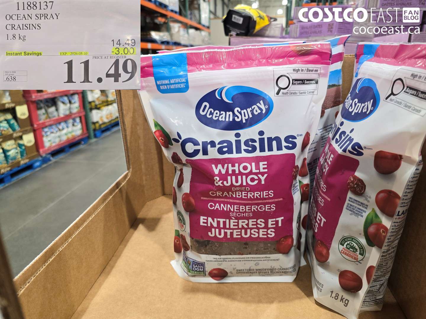 1188137 OCEAN SPRAY CRAISINS 1.8 KG ($3.00 INSTANT SAVINGS EXPIRES ON 2026-05-10) $11.49