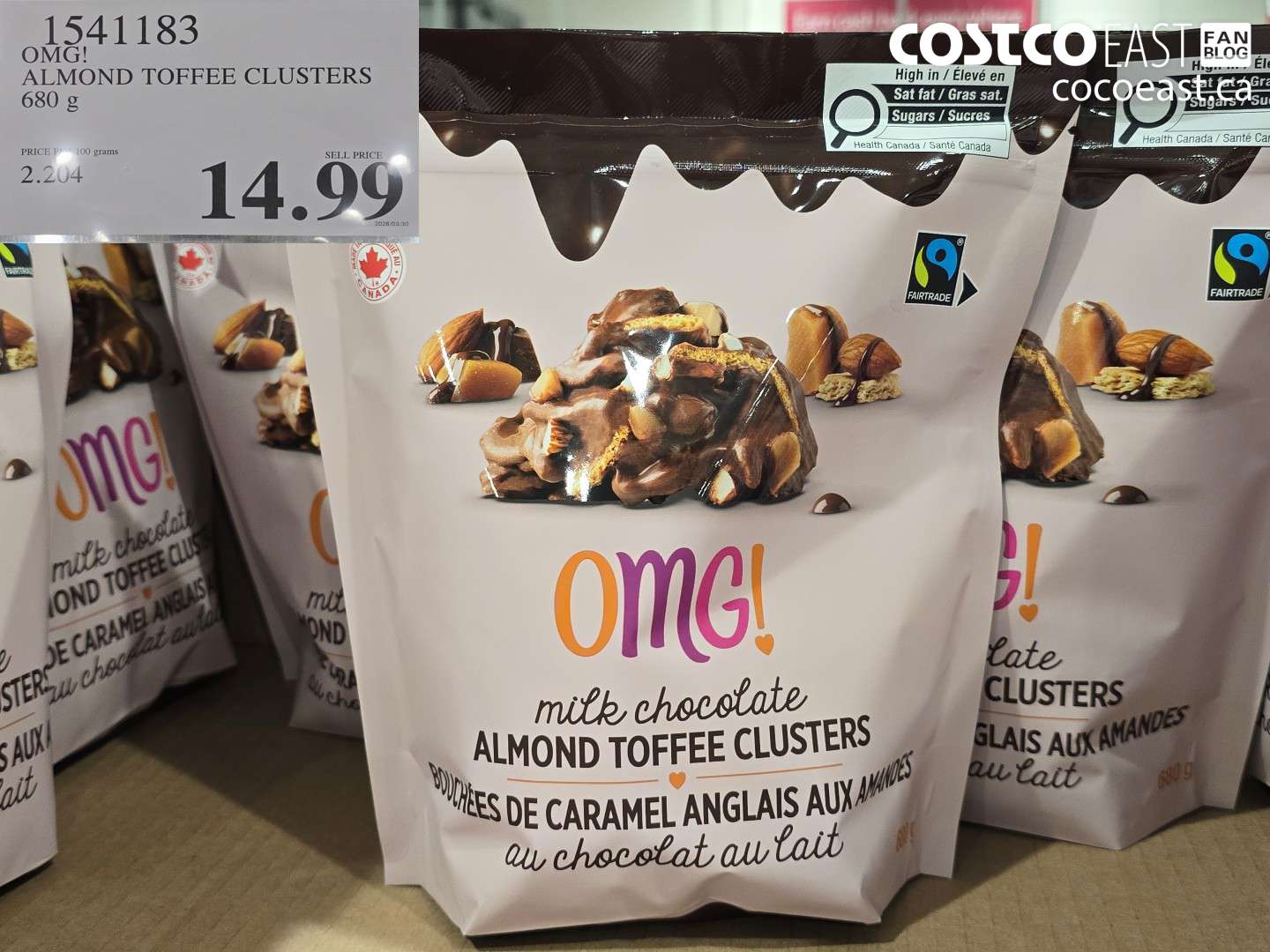 1541183 OMG! ALMOND TOFFEE CLUSTERS 680 G $14.99