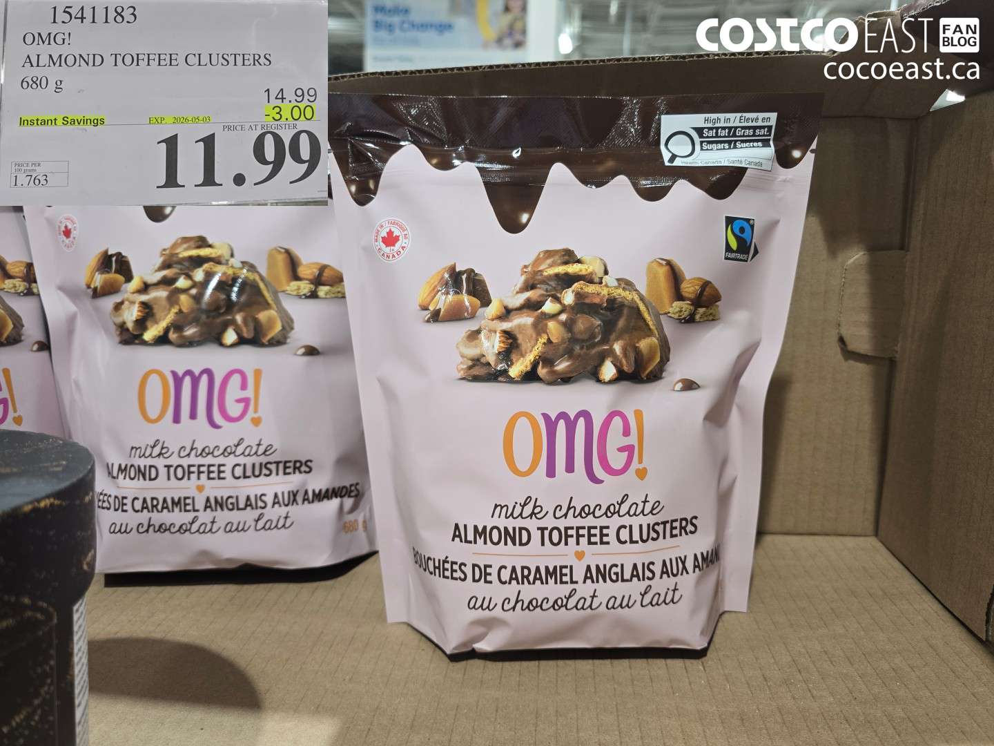 1541183 OMG! ALMOND TOFFEE CLUSTERS 680 G ($3.00 INSTANT SAVINGS EXPIRES ON 2026-05-03) $11.99