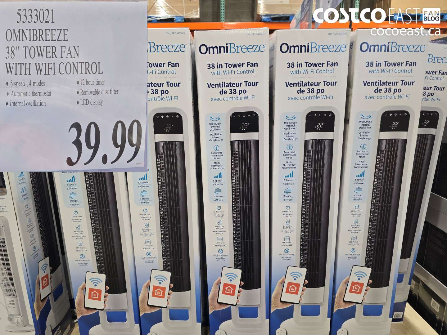 5333021 OMNIBREEZE 38 TOWER FAN WITH WIFI CONTROL $399.99