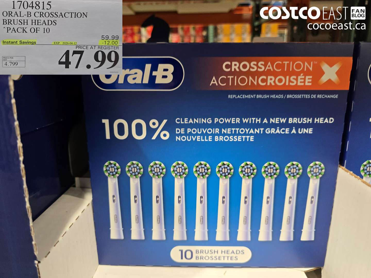 1704815 ORAL-B CROSSACTION BRUSH HEADS PACK OF 10 ($12.00 INSTANT SAVINGS EXPIRES ON 2026-04-12) $47.99