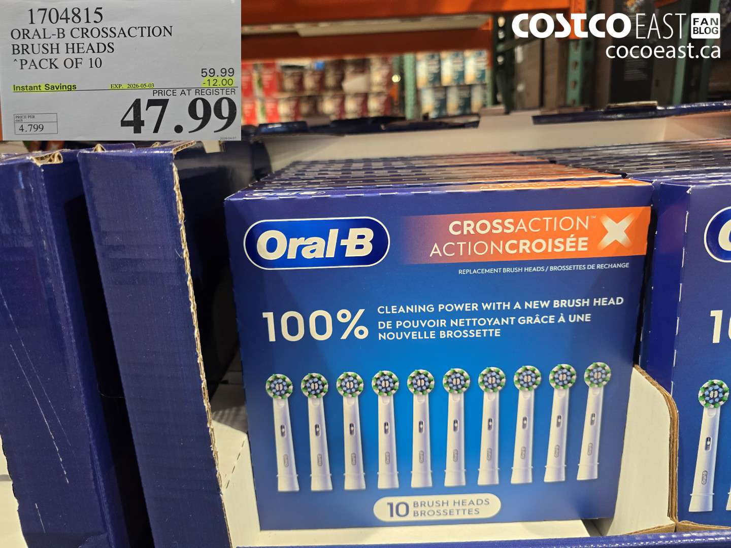 1704815 ORAL-B CROSSACTION BRUSH HEADS PACK OF 10 ($12.00 INSTANT SAVINGS EXPIRES ON 2026-05-03) $47.99