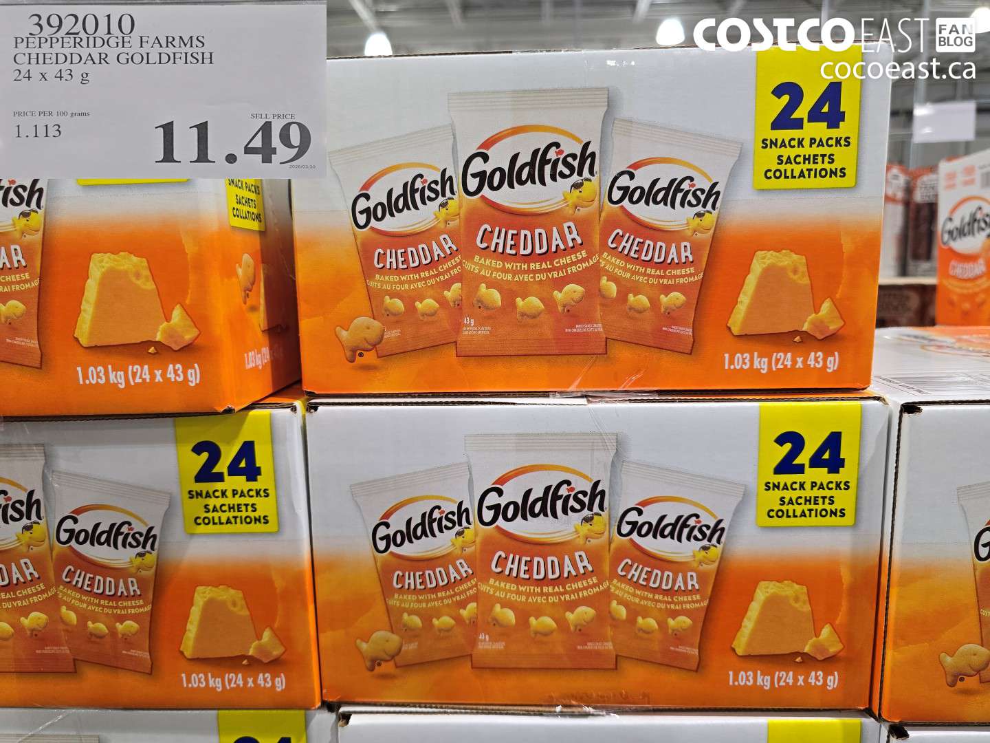 392010 PEPPERIDGE FARMS CHEDDAR GOLDFISH 24 X 43 G $11.49