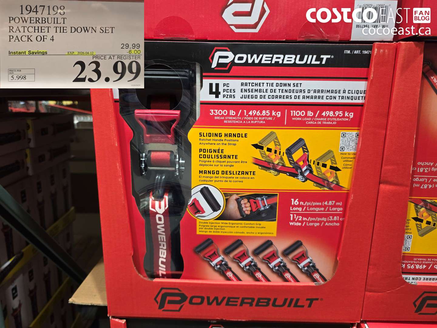 1947198 POWERBUILT RATCHET TIE DOWN SET PACK OF 4 ($6.00 INSTANT SAVINGS EXPIRES ON 2026-04-12) $23.99