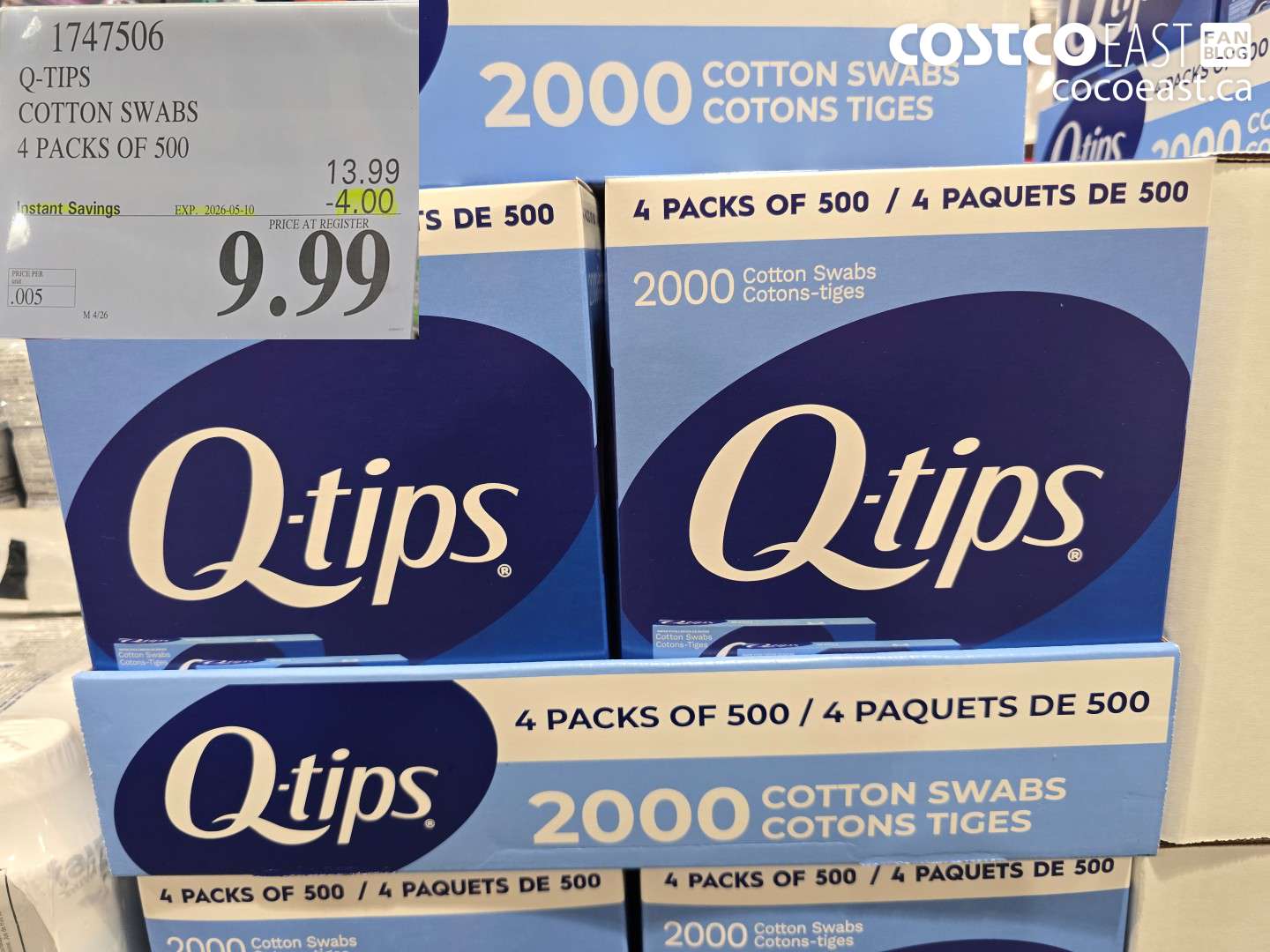 1747506 Q-TIPS COTTON SWABS 4 PACKS OF 500 ($4.00 INSTANT SAVINGS EXPIRES ON 2026-05-10) $9.99