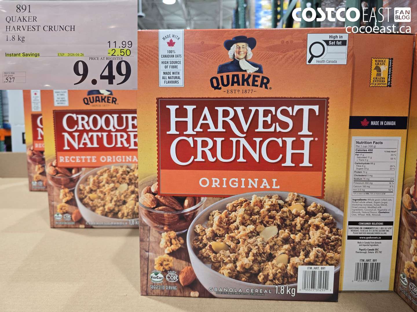891 QUAKER HARVEST CRUNCH 1.8 KG ($2.50 INSTANT SAVINGS EXPIRES ON 2026-04-26) $9.49