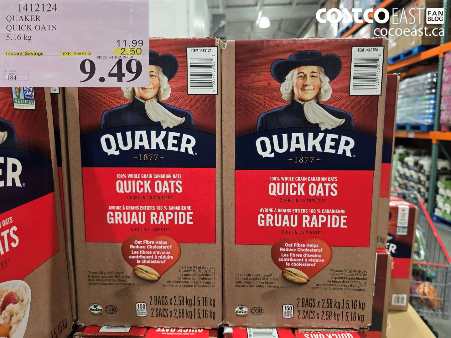 1412124 QUAKER QUICK OATS 5.16 KG ($2.50 INSTANT SAVINGS EXPIRES ON 2026-04-12) $9.49